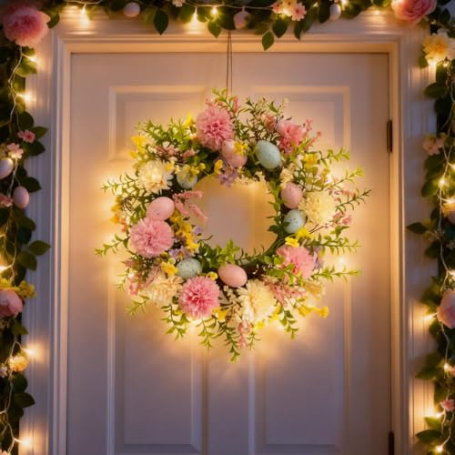 Osterkranz Haustür, Osterei Türkranz Ostern Mit LED Licht, Künstliche Osterdeko Türkranz Frühling, Langfristige Lebensecht Osterkranz Deko Frühlingskranz, Für Fensterdeko Ostern, Wanddeko (B)