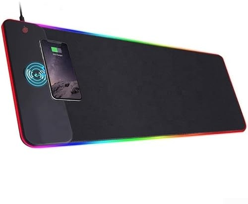 RGB Wireless Charging Mouse Pad with 10 For Lighting Modes, 15W Fast Charge Gaming Desk Mat, Large Non-Slip Silica Gel For Surface for Keyboard and Mouse, Black