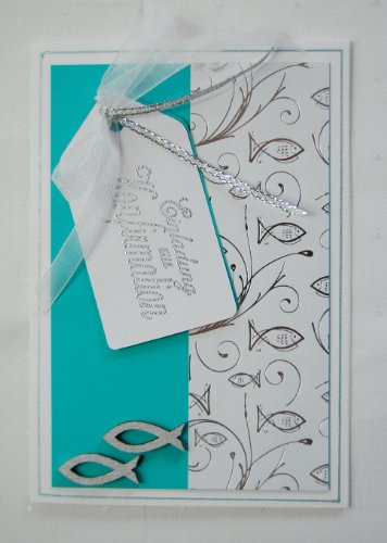 5 x Hochwertige Einladungskarten zur Konfirmation Fische - türkis *Handmade*