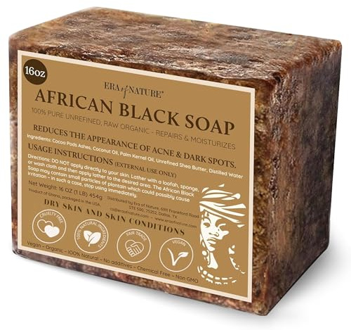 era of nature Best Raw ORGANIC AFRICAN BLACK SOAP, for Dry Skin and Skin Conditions. Pure & Natural Ingredients, Imported From Ghana - 1lb (16oz)