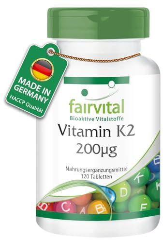 Fairvital | Vitamine K2 200mcg - Ménaquinone à base de soja fermenté - MK-7 - VEGAN - Hautement dosé - 120 comprimés - 4 mois de cure