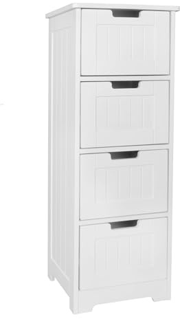 FineBuy Badschrank 30x30x83 cm Weiß Landhaus mit 4 Schubladen | schmaler Standschrank, Badkommode mit Ablage, Beistellschrank für Bad, Gäste-WC und Flur, viel Stauraum