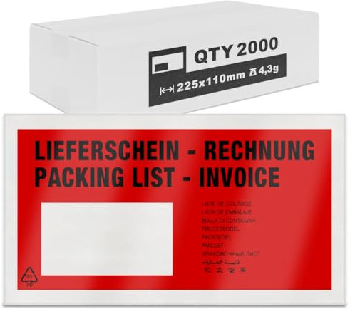 verpacking Lieferscheintaschen 22,5 x 11 cm DIN Lang Rot selbstklebende Dokumententaschen Begleitpapiertaschen Versanddokumententasche Rechnungstasche Lieferscheinumschlag (2000 Stück)