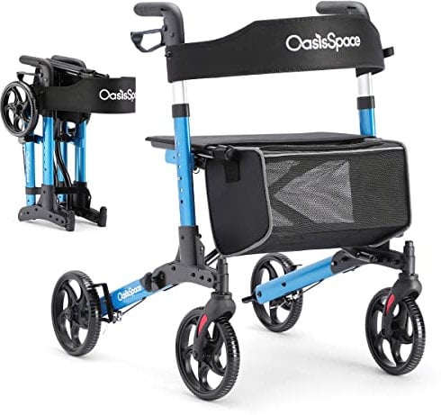 OasisSpace Rollator Walker, medizinischer Rollator mit Sitz, faltbar und höhenverstellbar, Rollator mit Aufbewahrungstasche für Senioren, belastbar 136 kg (blau)