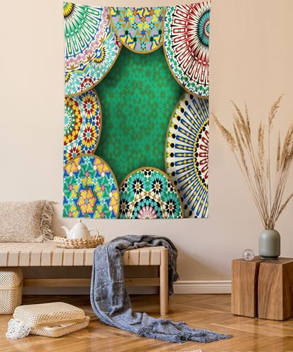 ABAKUHAUS Retro Wandteppich, Oriental Hippie-Motiv aus Weiches Mikrofaser Stoff Waschbar ohne Verblassen Digitaldruck, 110 x 150 cm,Rot Grün