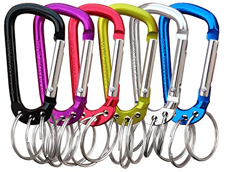 Carabiner Clip Keychain Aluminum Alloy D Shape Multifunction Clip Hook with 3 Key Rings for Outdoor Backpack Multi-Color 6 Pack