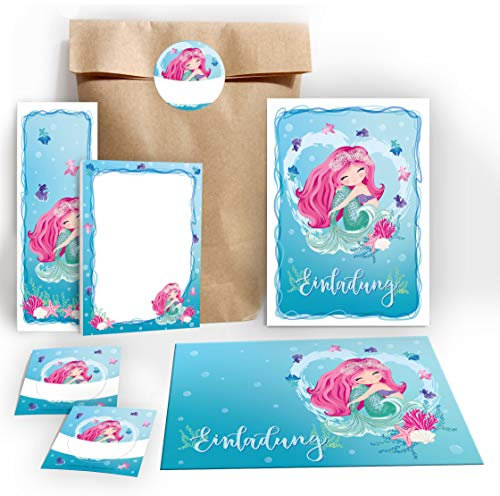 JuNa-Experten 12 Einladungskarten zum Kindergeburtstag Mädchen Meerjungfrau incl. 12 Umschläge, 12 Tüten/natur, 12 Aufkleber, 12 Lesezeichen, 12 Blöcke