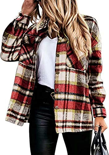 OMZIN Chemisier à Carreaux Femmes Chemises en Flanelle à Carreaux à Manches Longues Chemisier Chemise Boutonnée en Coton pour Un Usage Quotidien Et Oktoberfest Rouge XXL
