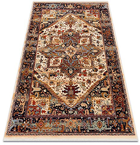 Teppich Wolle KESHAN Franse, Ornament orientalisch, beige/Rotwein 160x230 cm