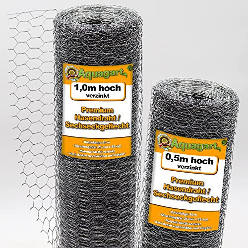 Aquagart Maschendrahtzaun Sechseckgeflecht verzinkt I Hühnerzaun Kaninchendraht Hasengitter feinmaschig 25mm x 25 mm I 6-Eck Drahtgeflecht 0,9 mm IHasendraht (verzink 50cm, 20m)