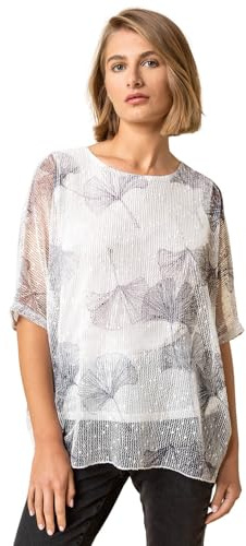 Roman Originals Women Mesh Overlay Leaf Print Top - Ladies Spring Everyday Summer Evening Vacation Work Holiday Short Sleeve Smart Casual - Grey White - Size 20