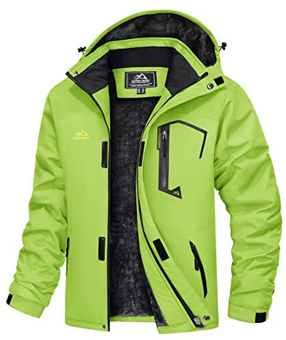 TACVASEN Herren Winter Winddichte Winterjacke Warme Fleece-Futter Ski Übergangsjacke mit Abnehmbarer Kapuze, Neongrün, M