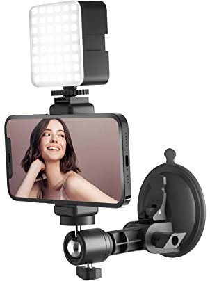 LenTok Suction Cup Mirror Phone Holder with Light, Travel Wall Phone Camera Mount for Makeup Content Creator Essentials, Mirror Tripod for Bathroom Kitchen Compatile with All Smooth Surface