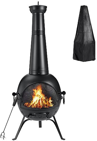 SINGLYFIRE Prairie Fire Outdoor Chiminea Fireplace Deck or Patio Backyard Wooden Fire Pit with Chiminea Cover Rust-Free Cast Iron Black