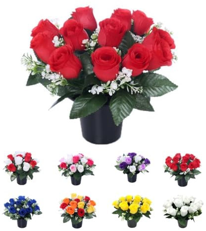Red Rose Artificial Flowers in Grave Flower Pots – Realistic UV Resistant & Long-Lasting Design for Cemetery Decorations, Grave Displays, Funerals, Memorial Tributes, Home & Garden Arrangements (Red)