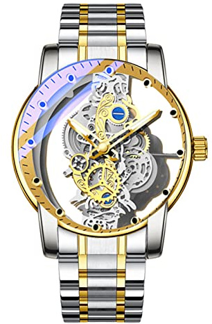 FORSINING Analoge Quarzuhr für Herren, transparent, Skelett-Armbanduhr, Edelstahl, luxuriöses Zifferblatt, Business für Herren, wasserdicht, leuchtend
