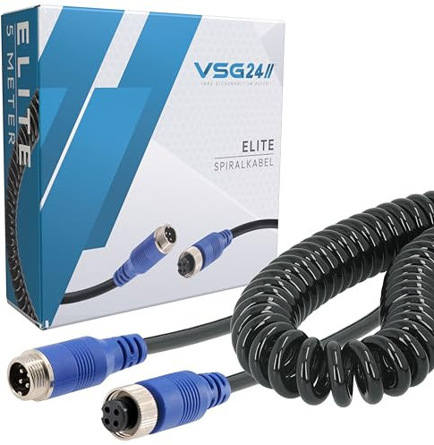 VSG24 Spiral Verlängerungskabel Elite für Rückfahrkamera & Rückfahrsysteme universell KFZ Kamera Kabel 4PIN / Polig für LKW Anhänger Traktor Wohnwagen Trailer Kabel & Wetterfest IP67-5 Meter