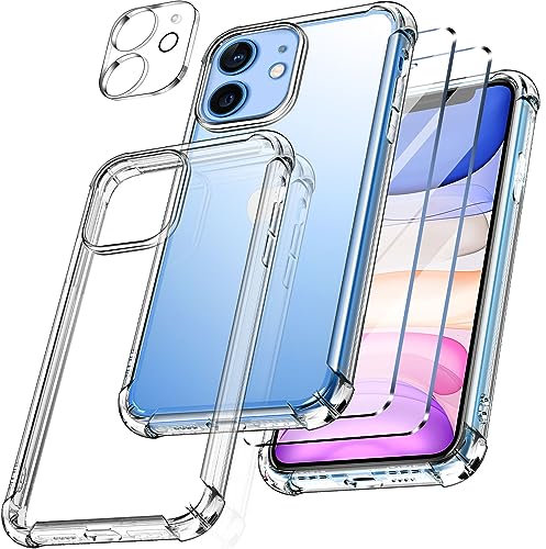 New&Teck Coque pour iPhone 11 (6.1) + 2X [Verre Trempé Protection écran] et [1x Caméra de Protection] en Transparent Silicone TPU Souple [Bumper avec Coins Renforcés], Protection Claire.