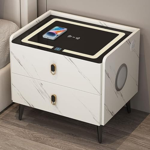 FATACO Table de Chevet LED Moderne, Table de Nuit avec Tiroir, Table de Nuit Intelligente avec Station de Charge et Ports USB, Meuble de Rangement Chambre (Color : White, Size : Two Drawers)