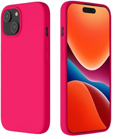 kalibri Coque Silicone Premium Compatible avec Apple iPhone 15 Coque - Housse téléphone Silicone - Étui de Protection Antichoc avec Doublure en Microfibre Douce - Rose Fluo