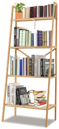 HOMASIS Estantería escalera de bambú, Estantería de pie de 4 niveles, Soporte de almacenaje para libros y plantas, Estantería esquina multifuncional para cocina, salón, estudio, 60x35,5x148cm, Natural
