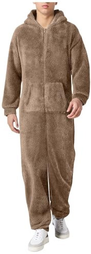 Nachtwäsche Herren Warm Fleece Overall Pyjama Langarm Einteiler Hoodies Schlafanzug Einteiler Winter Thermo Homewear Schlafoverall Jumpsuit Onesie mit Kapuze Hausanzug Jumpsuit Strampler Slim