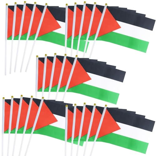 50 Pièces Petit Drapeau Palestine avec Baton Drapeau Palestiniens Tenus à manivelle Fanions pour Fête Défilés Matchs de Football événement Sportif Jardin Décoration de Bar