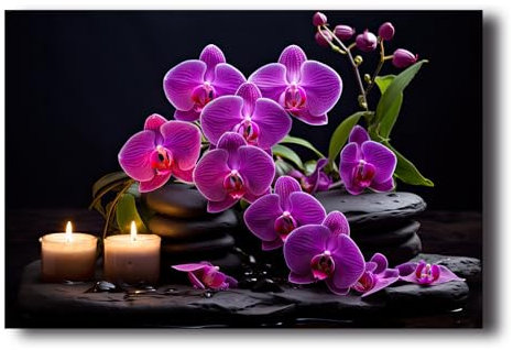 LZIMU Orchideen Leinwand Bilder lila Orchideenblumen und Kerzenstein Bilddrucke Zen Gemälde Meditationskunstwerke für Badezimmer Yoga Spa Zimmer Gerahmt (Bild-3, (40.00 x 60.00 cms))