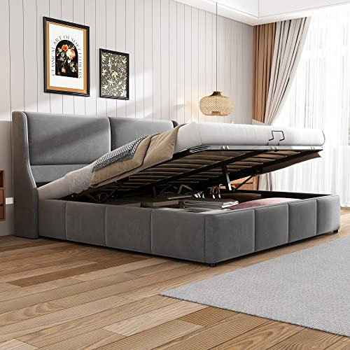 Ctastay Letto Imbottito Matrimoniale 160X200 cm, Letto per Adulti con Contenitore Sottoletto, Struttura, Doghe in Legno e Testiera, Velluto, Grigio, Senza Materasso