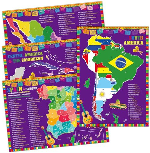 gisgfim 45,7 x 30,5 cm spanische Poster, spanische Länderkarten, einschließlich Spanien, Mexiko, Mittelamerika, Karibik, Südamerika, Spanisch, Klassenzimmer-Dekorationen für Lehrer, Studenten