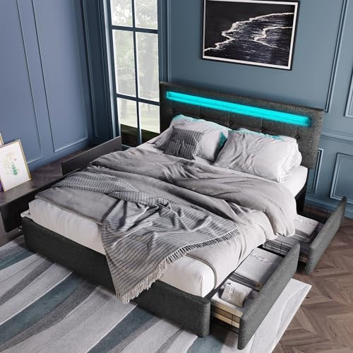 Polsterbett 140x200, LED Doppelbett mit 4 Schubladen und verstellbarem Kopfteil, Bett Jugendbett Stauraumbett Funktionsbett Rückenlehne Bettgestell mit Holz Lattenrost, Leinen, Grau, Ohne Matratze