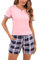 Irdcomps Pyjama Femme Ete Ensembles de Pyjama Court Short Ensemble Pyjamas Coton T-Shirt de Nuit Manche Courtes Vêtements de Nuit patanlon de Pyjama à Carreaux Vêtements de Détente Sleepwear Rose M