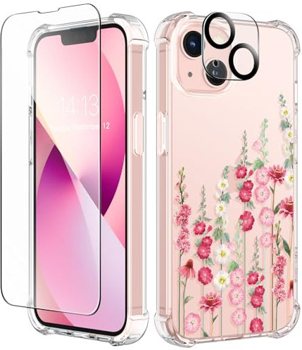 GVIEWIN Compatible with iPhone 13 Case 6.1 Inch 2021,with Tempered Glass Screen Protector+Camera Lens Protector, Flower Clear TPU Slim Bumper Shockproof Protective Soft Phone Cover,Alcea/Red