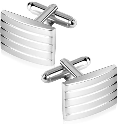 Mens Cufflinks, Silver Rectangle Classic Cufflinks Striped Cuff Links