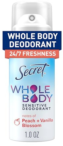 Secret Whole Body Deodorant Spray for Women, Travel Size, Peach & Vanilla Blossom Scent, Aluminum Free Deodorant, 72 HR Odor Protection, 1.0 oz