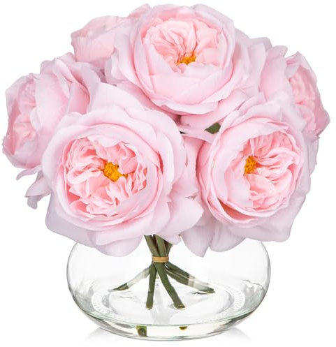 Oairse Kunstblumen mit 6 Pfingstrose in Glasvase Pfingstrose künstlich 3D-Druck Real Touch Künstliche Blumen wie echte Pfingstrose für Hochzeit, Zuhause, Hotel, Party, Blumenarrangement
