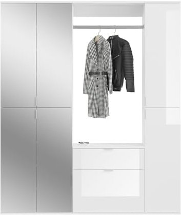 Inn.Furn Garderobe mit Spiegel weiß Hochglanz Flurmöbel Garderobenmöbel Set mit Schublade Breite 152 cm SystemX (Set1)