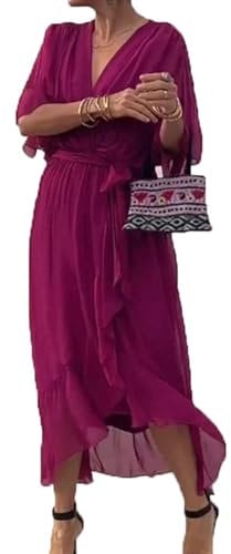 Women's Solid Colour V-Neck Tie Long Bat Sleeve Short Sleeve Irregular Comfortable Casual Dresses Fuchsia