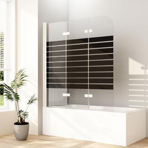 Duschwand für Badewanne Weiß, Duschwand 140x140cm(BxH) 3-teilig faltbar Badewannenaufsatz Schwarz Gestreift Badewannenfaltwand Duschabtrennung für Badewanne mit 6mm ESG Sicherheitsglas