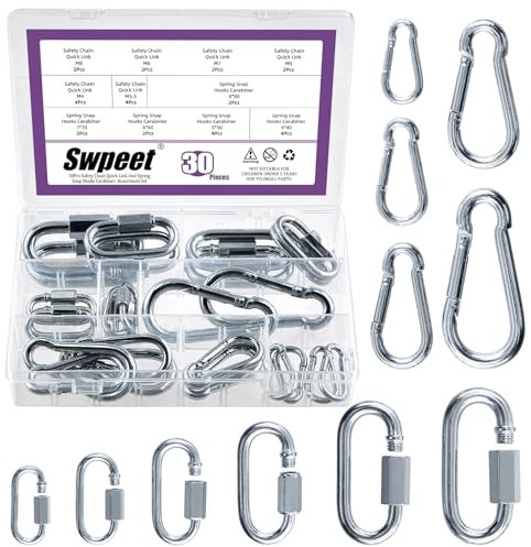 Swpeet Lot de 30 mousquetons de chaîne de sécurité galvanisés M3.5 M4 M5 M6 M7 M8 à maillons rapides et mousquetons à ressort galvanisés - Kit d'assortiment de mousquetons robustes - Connecteur de