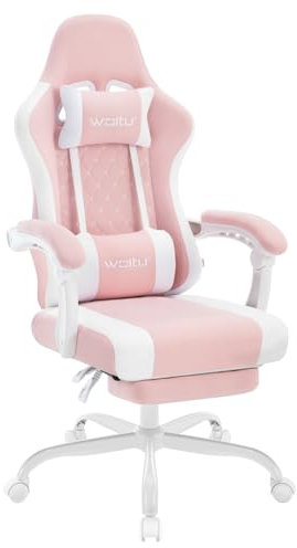 WOLTU Gaming Stuhl mit Massagefunktion, Computerstuhl Ergonomisch, Taschenfederkissen, Lendenmassage, Kopfkissen, Fußstütze, Drehstuhl, 150 kg, Netzstoff, Rosa+Weiß