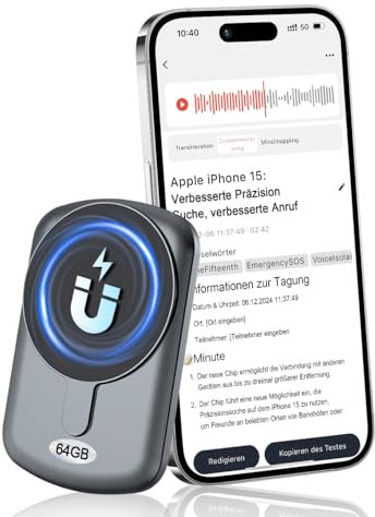 64GB KI Diktiergerät, Aufnahmegerät mit KI Echtzeit Transkribieren, Zusammenfassen und APP Bearbeitung, 5.0 Bluetooth, 540 Stunden Aufnahmekapazität, Tragbares Magnetisches Voice Recorder
