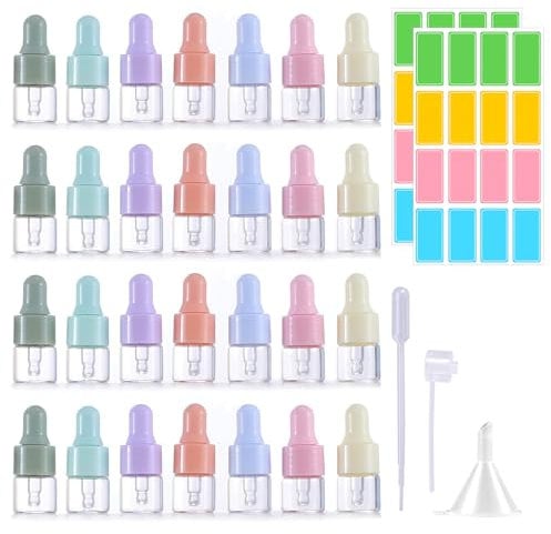 PORUPAEL 28pcs 2ml Dropper Bottle, Mini Empty Glass Dropper Bottles with 3 Dropper Pipettes, 2 Sheet Label Stickers Refillable Sample Dropper Bottle for Perfume Essential Oil Aromatherapy Eye Drops