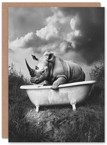 Artery8 Greeting Card Rhino in Bathtub Black White Bath Time Surreal Blank For Him Or Her Art Birthday Card