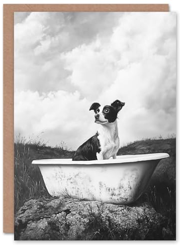 Artery8 Personalised Dog Lover Puppy in Bathtub Black White Surreal For Him Or Her Art Birthday Card