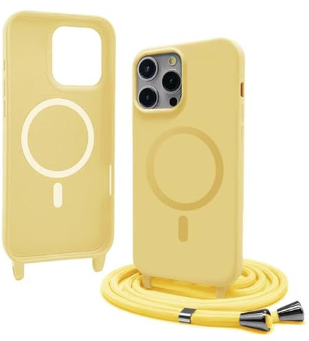 Bigcousin Handykette für iPhone 14 Pro Hülle mit Band,Magnetisch kompatibel mit Magsafe,Silikon Necklace Handyhülle mit verstellbar und abnehmbar,Gelb