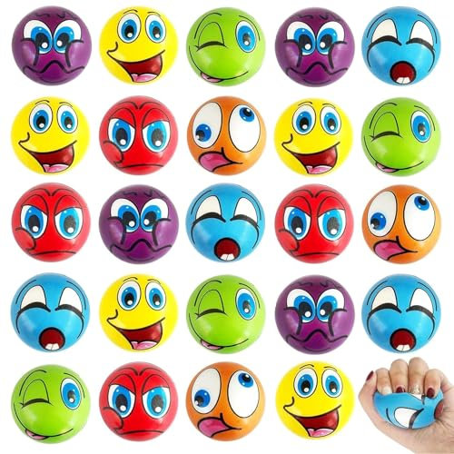 24Pcs Anti Stress Spielzeug Bälle,5CM Lustige Gesichter Softball,Mini Lächeln Gesicht Bälle,Mini Schaum Stressbälle,Verschiedene Emoticons Stressball,Antistressball Bälle Wutball für Kinder Erwachsene