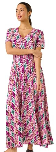 Roman Originals Shirred Empire Waist Dress for Women UK Ladies Midi Maxi Summer Spring Tiered Frill Hem Short Sleeve V Neck Button Through Boho Bohemian Holiday Cruise - Pink Ikat - Size 18