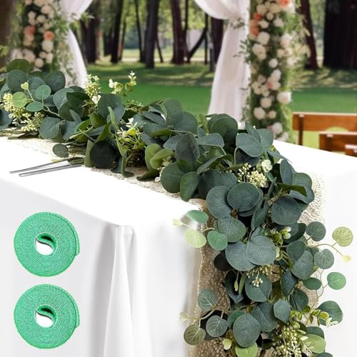 Snyvpra 2 Stück 1,8m Eukalyptus Girlande und 2 Stück Pflanzen Klettband, Künstliche Eukalyptus Deko, Grüne Blätter Girlande für Hochzeiten, Partys, Tischdekorationen, Türrahmen, Treppen und Garten