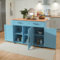 Carro de cocina multifuncional con 5 ruedas, plano plegable, 2 cajones y estantes interiores, isla de comedor con muebles contenedores, 129 x 46 x 91,5 cm, azul